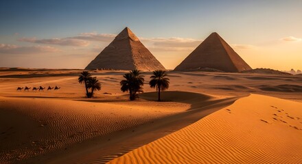 Giza Pyramids at Sunset: Camel Caravan Silhouette Across Golden Sands