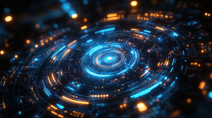 Futuristic circular interface with glowing rings