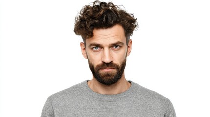 Fototapeta premium isolated shot of young handsome male with beard mustache and trendy hairdo wears casual grey sweater has serious expression as listens to interlocutor poses in studio against white background no logo