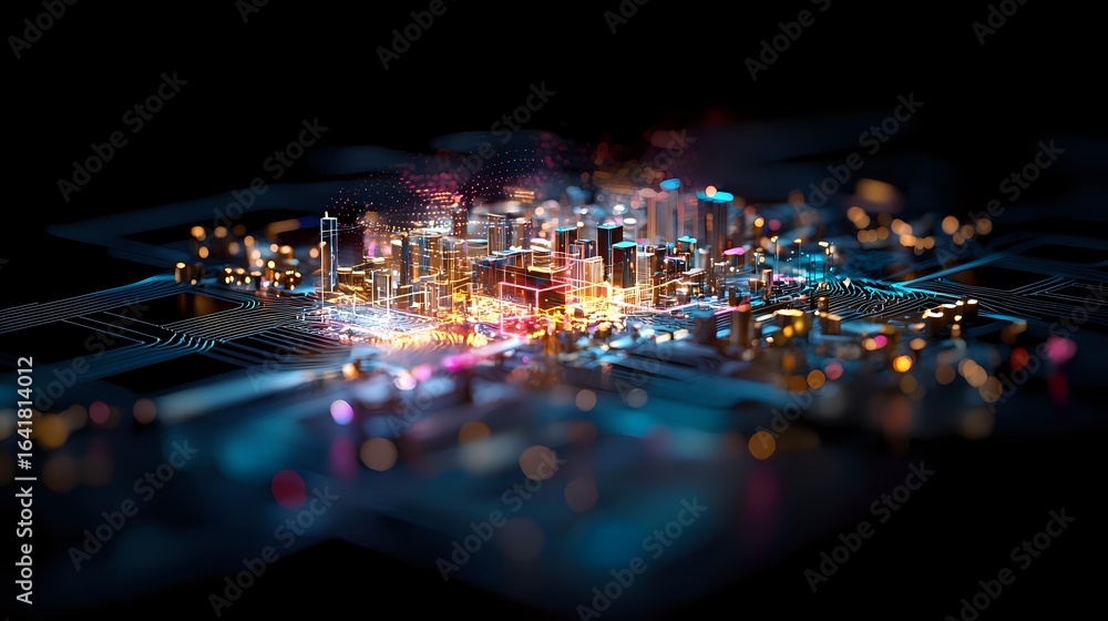Poster glowing miniature cityscape rising from circuit board with illuminated buildings and digital connect