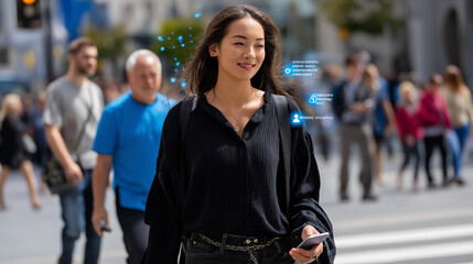 Pedestrian mid-step with digital ID tags and info bubbles