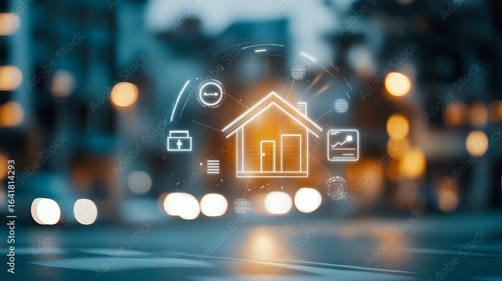 Poster glowing smart home icon with connected devices symbols floating over blurred urban background with b