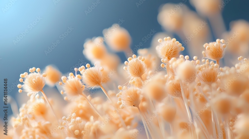 Poster delicate peach-colored dandelion seeds in soft focus against blue background create dreamy natural m