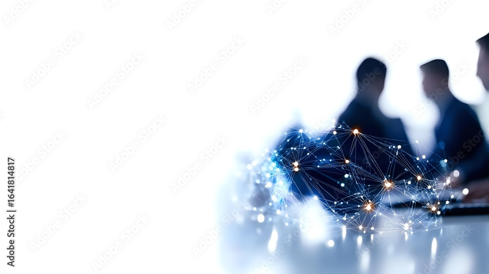 Aufkleber business professionals silhouetted against glowing digital network visualization with connected node