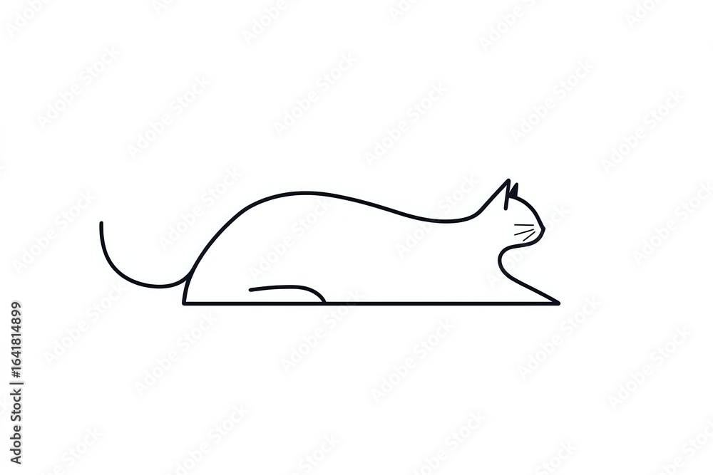 Poster minimalist line drawing of resting cat silhouette in continuous single stroke style on white backgro