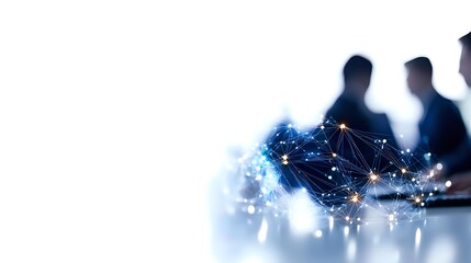 Business professionals silhouetted against glowing digital network visualization with connected nodes and lines representing global connectivity and teamwork.