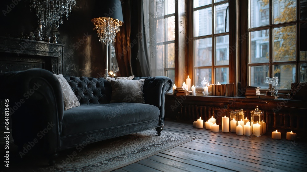 Poster black lamp standing by a sofa and a row of candles lying on the floor in front of a window shedding 