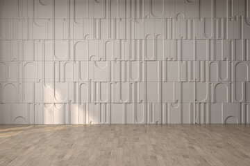 Modern interior with blank wall and wooden parquet, empty room and panel, 3D rendering