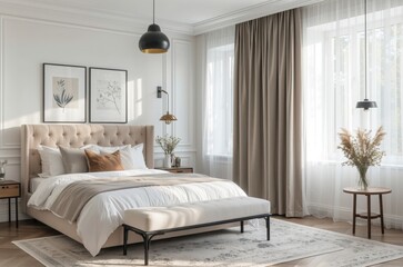Bright and cozy modern luxury hotel bedroom interior design with white walls	