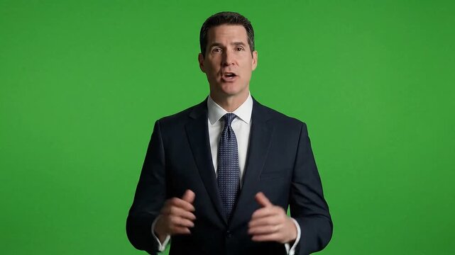 Professional male presenter in a suit speaking and gesturing during a broadcast in front of a green chroma key screen.