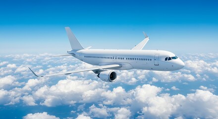 Fototapeta premium Commercial Airplane in Flight Above Fluffy Clouds and Bright Blue Sky