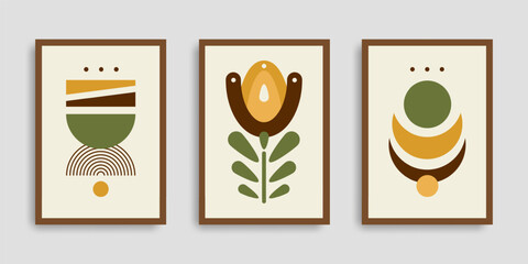 Set of three minimalist geometric vector posters in earthy tones. Abstract shapes and floral elements for modern wall art, Scandinavian interior decor, print or digital design use.