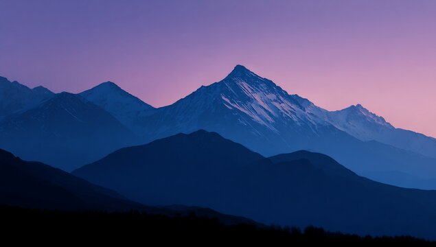 Silhouetted mountain range with snow-capped peak under a pink and purple sky