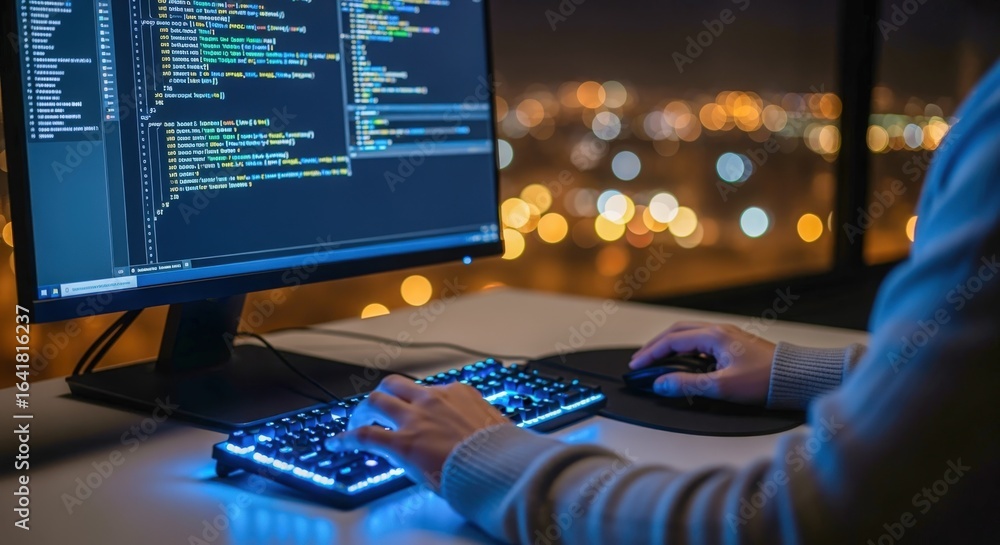 Aufkleber software developer coding at night: person typing on illuminated keyboard with city lights