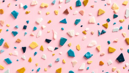Colorful terrazzo pattern on pink background.