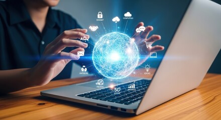 Person Navigating Digital Sphere with Laptop, Representing Connectivity, Global Networks, and Modern Technology for Business and Communication