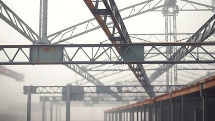 Steel beams rise through morning fog at a construction site, creating a striking diagonal composition.