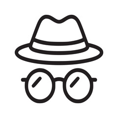 A minimalist outline icon showing a fedora style hat and round glasses on a white background space