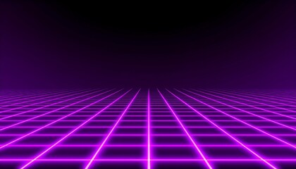 Futuristic neon grid background with dark sky.