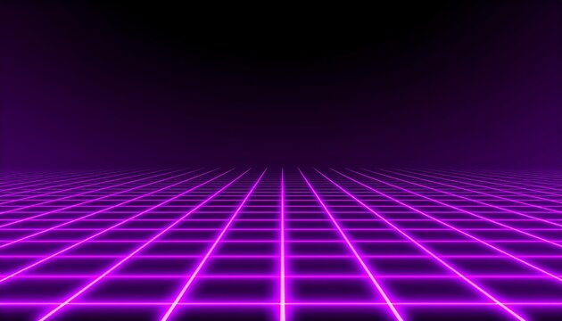 Futuristic neon grid background with dark sky.