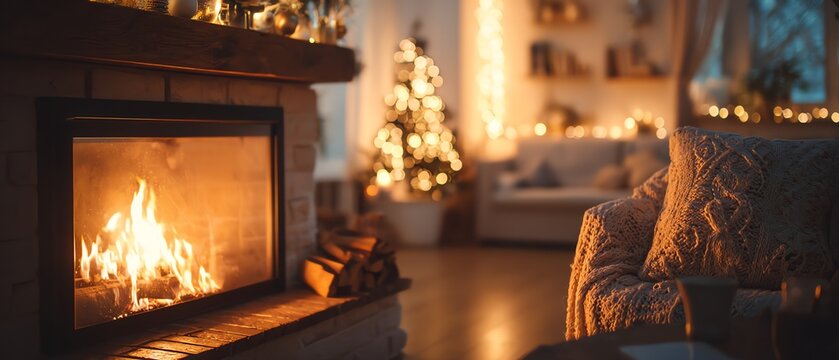 Cozy fireplace in warmly decorated living room.