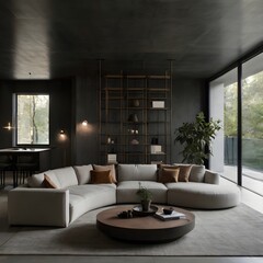 Fototapeta premium Modern minimalist living room interior with curved white sofa and large windows