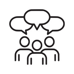 Three people with speech bubbles above their heads in a line drawing style simple and clean design concept