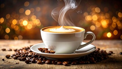 Obraz premium Steaming cup of cappuccino on saucer, surrounded by coffee beans and star anise, bokeh background