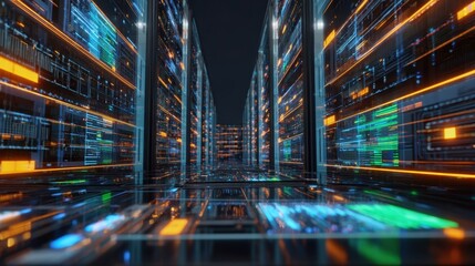 The futuristic server room illuminated by vibrant digital lights and patterns.