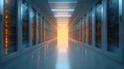 The futuristic server room with glowing lights and data storage systems.
