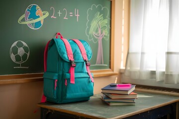 Back to school concept featuring a teal backpack with pink straps books and a chalkboard with drawings in a classroom setting