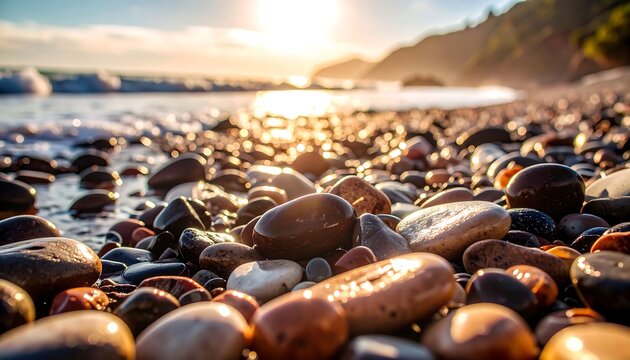 Sunlit pebbles on a beach at sunset, waves lapping gently