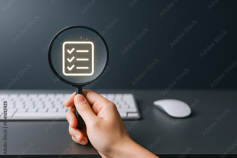 Poster inspection of task list with magnifying glass for process optimization and efficiency in business