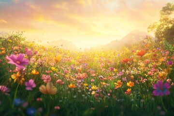 Tropical flowers meadow sunlight nature landscape.