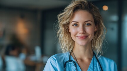 portrait of proud female nurse with stethoscope around neck at medical clinic happy smiling young woman doctor at hospital lobby with copy space medical staff feeling confident looking at camera no l