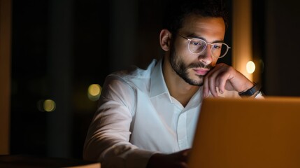 focused young indian ethnic business man student or web designer working on laptop computer late at night at home or in dark office thinking watching webinar learning online course sitting at desk no