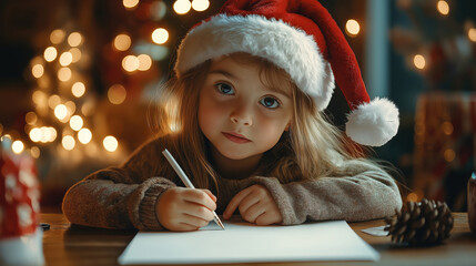 Girl in a Christmas Hat Writing a Letter to Santa