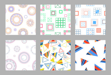 Seamless pattern of geometric shapes. Bright seamless pattern. Set of 6 patterns. Design for fabric, wallpaper, wrapping paper