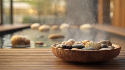 The serene bowl of stones creating a calming spa atmosphere.