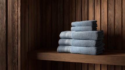 The stacked blue towels resting on a wooden shelf in a serene interior setting.