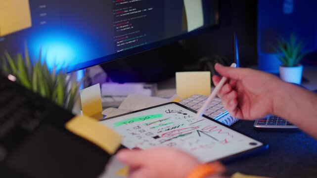 Messy tablet screen List Overwhelmed Workspace Chaotic desk with cluttered notes and crossed-out tasks on a digital tablet, symbolizing project overload, disorganization, and work-related stress
