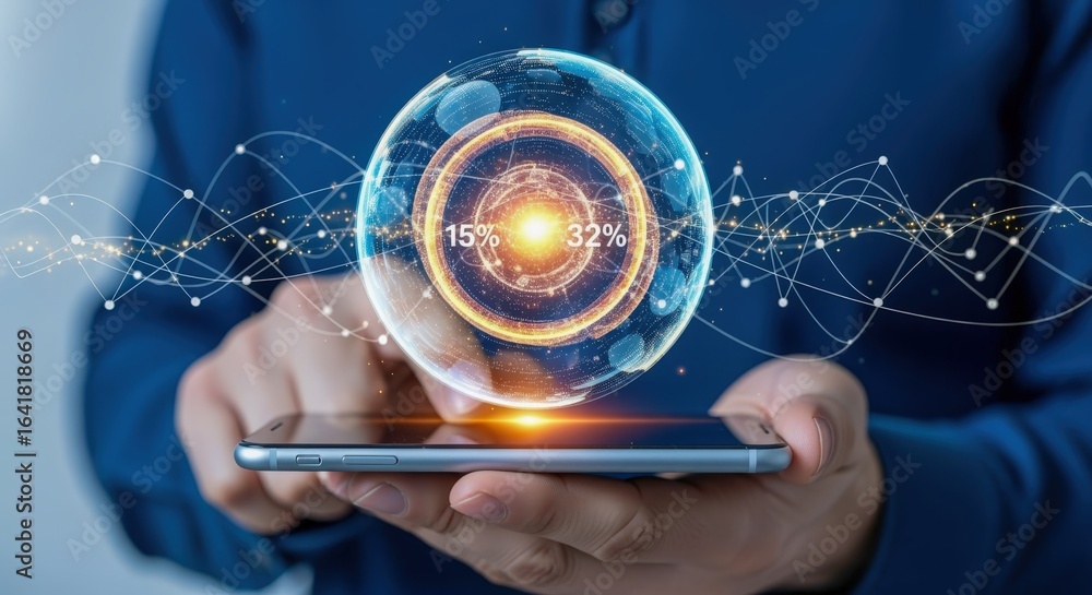 Poster global network technology visualization: man holds smartphone displaying data globe with connected l