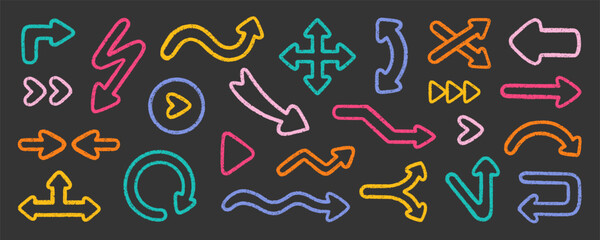 Chalk pencil arrows doodle set. Charcoal childish scribble direction pointers in sketch style. Crayon and Grunge texture. Hand drawn vector illustration isolated on black background
