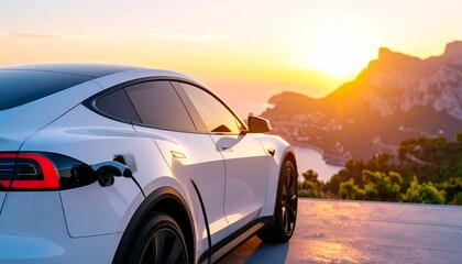 Obraz premium Sleek white sports car captured in the golden glow of a scenic sunset.