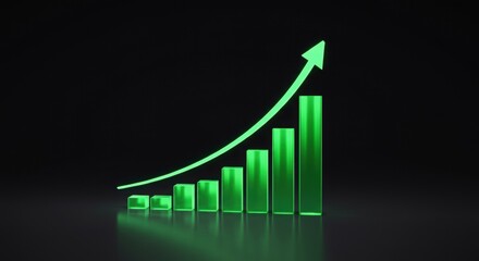 A vibrant green 3D bar chart with an ascending arrow graphically illustrates concepts of financial growth, market success, and business progress on a dark background.