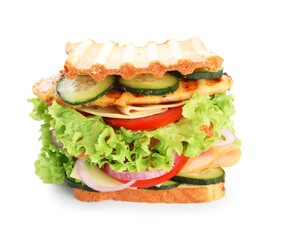 Yummy sandwich with chicken breast, cheese and vegetables isolated on white