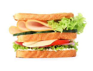 Yummy sandwich with ham, cheese and vegetables isolated on white