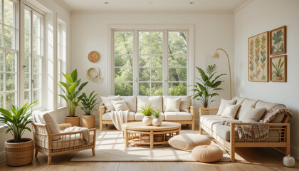 Living room with woven decor and plants