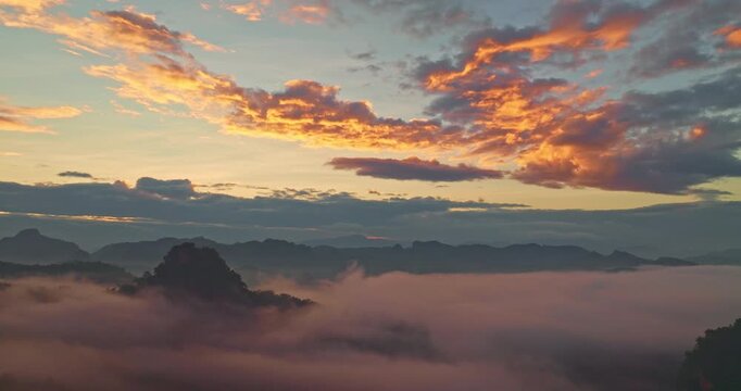 Aerial view of Sea of mist at Ban Jabo is a Black Lahu village on the Mae Hong Son Loop. The location is spectacular and the views of the mountains of Thailand and Myanmar are magnificent.