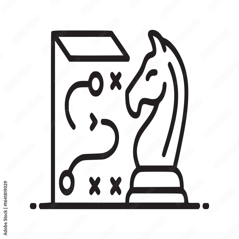 Poster a chess knight piece with a strategic plan displayed behind it in a minimalist line art style image